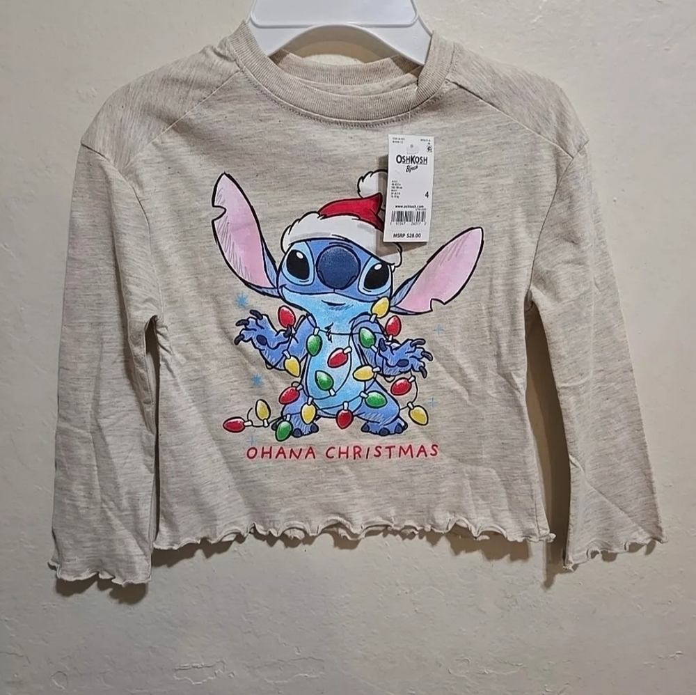 Disney Stitch Kids Girls Ohana Christmas Cute Santa Stitch Shirt Oatmeal Sz 4